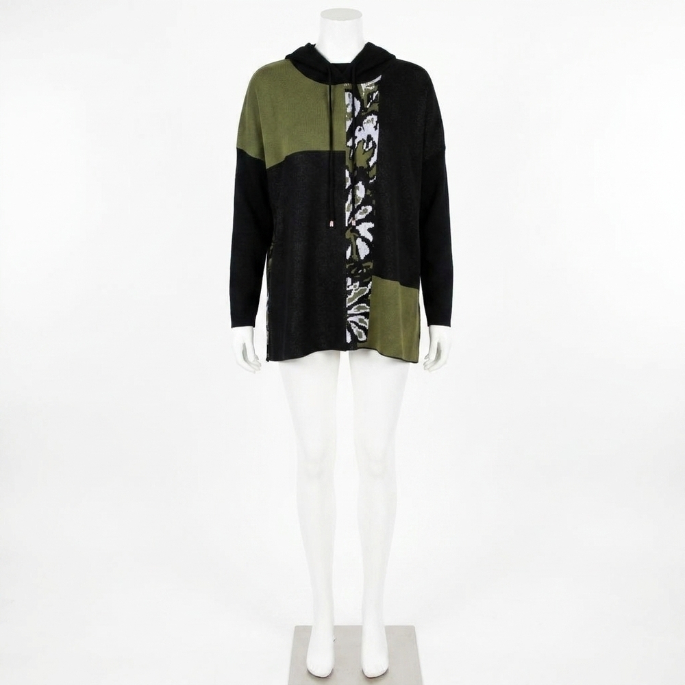 NEW ANGEL APPAREL abstract drawstring poncho top in black/sage